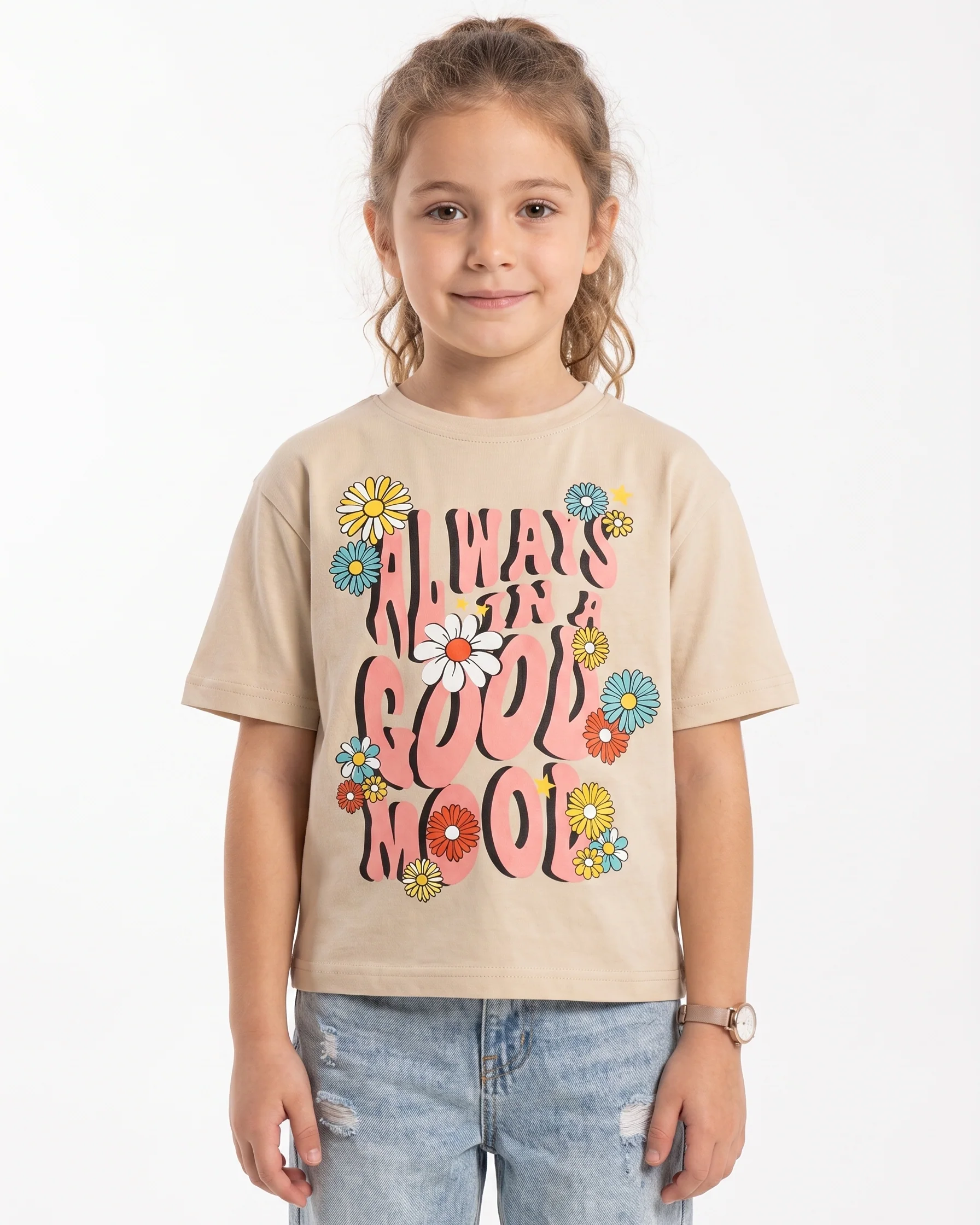 Girls' printed t-shirt-Over Size- Short Sleeve -Beige