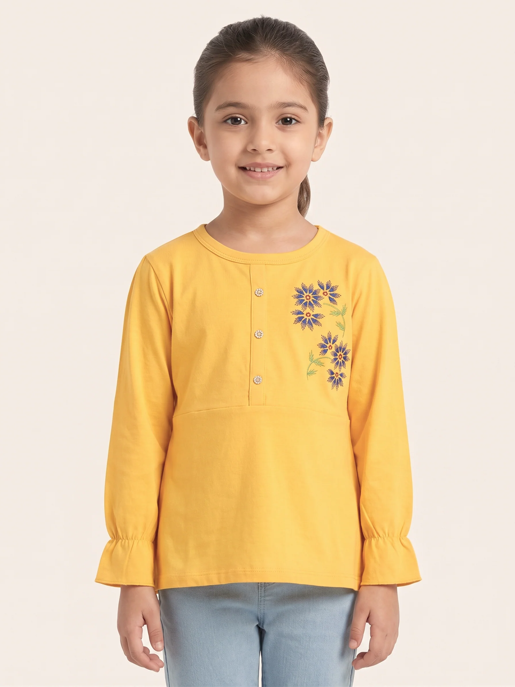 Girls' printed t-shirt with long sleeves -Yellow