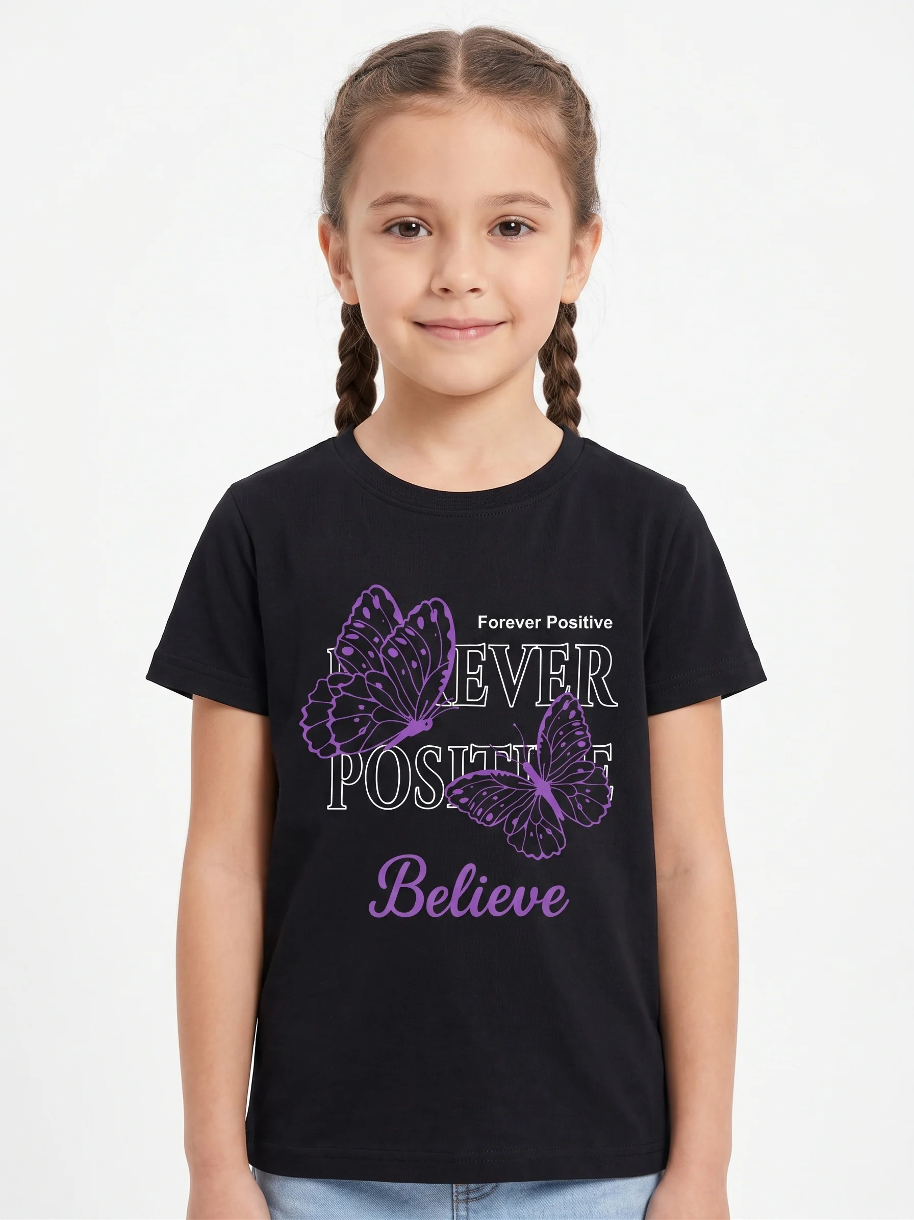 Girls' printed t-shirt with Short Sleeve -Black