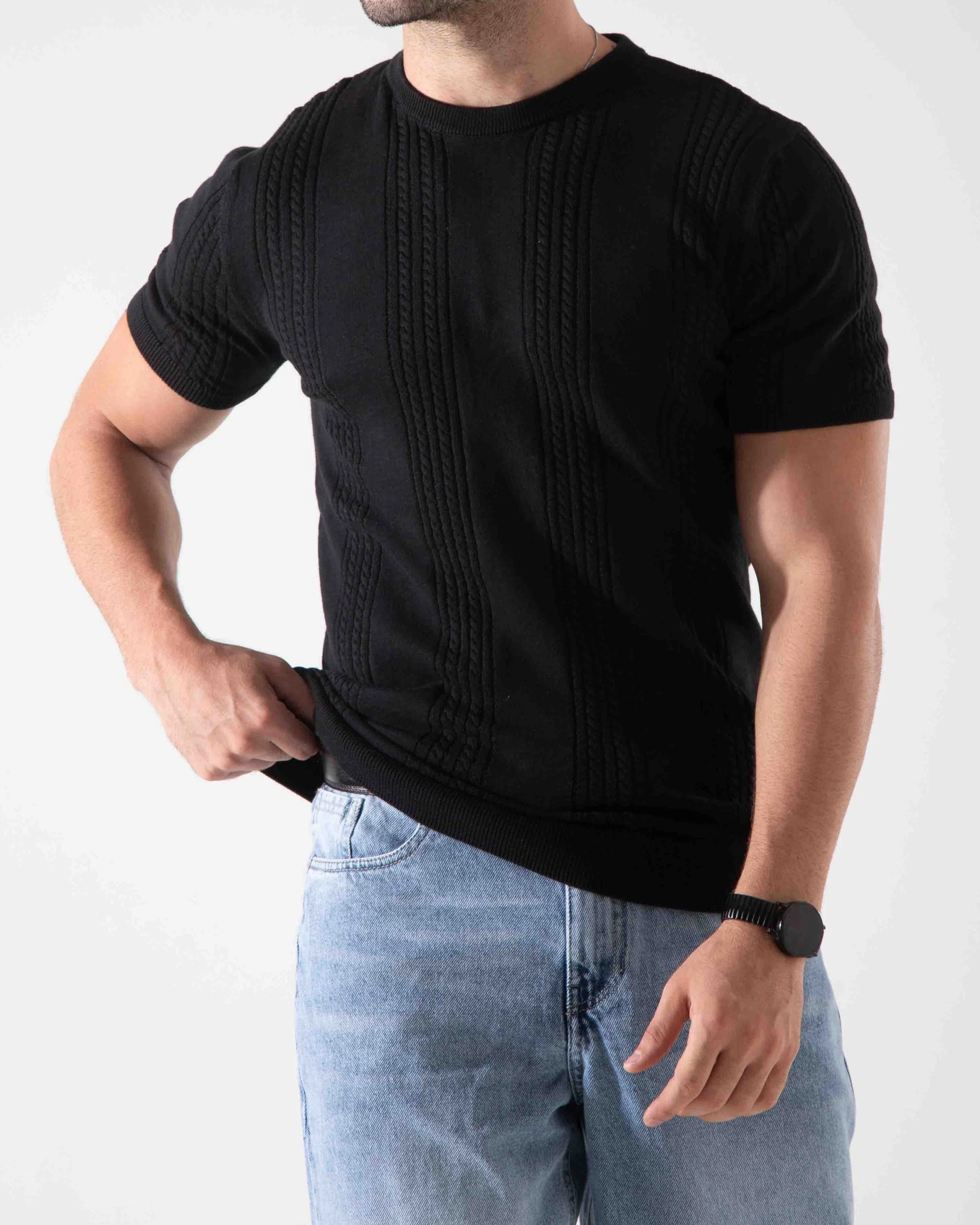 Men's knitted short-sleeved T-shirt-Black - Image 2