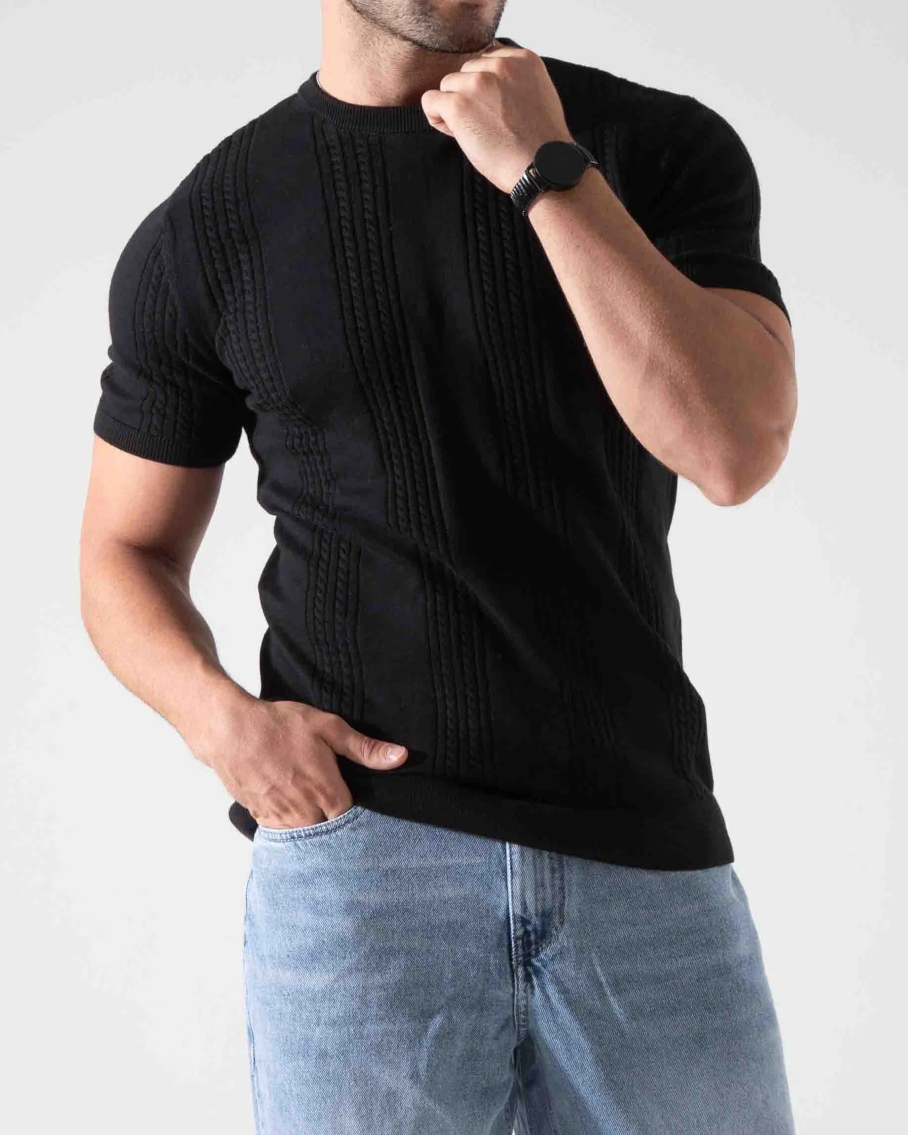 Men's knitted short-sleeved T-shirt-Black - Image 3
