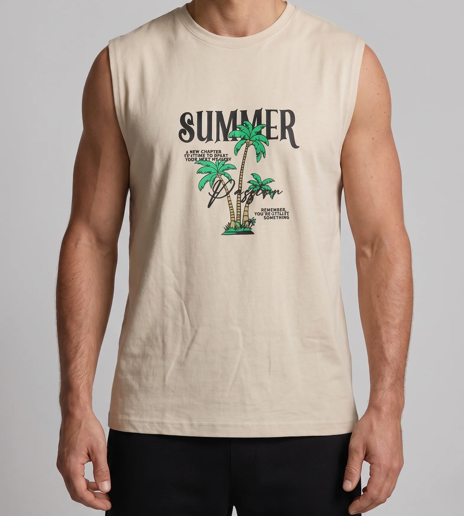 Men's Beige Tropical Summer Sleeveless T-Shirt | TREE