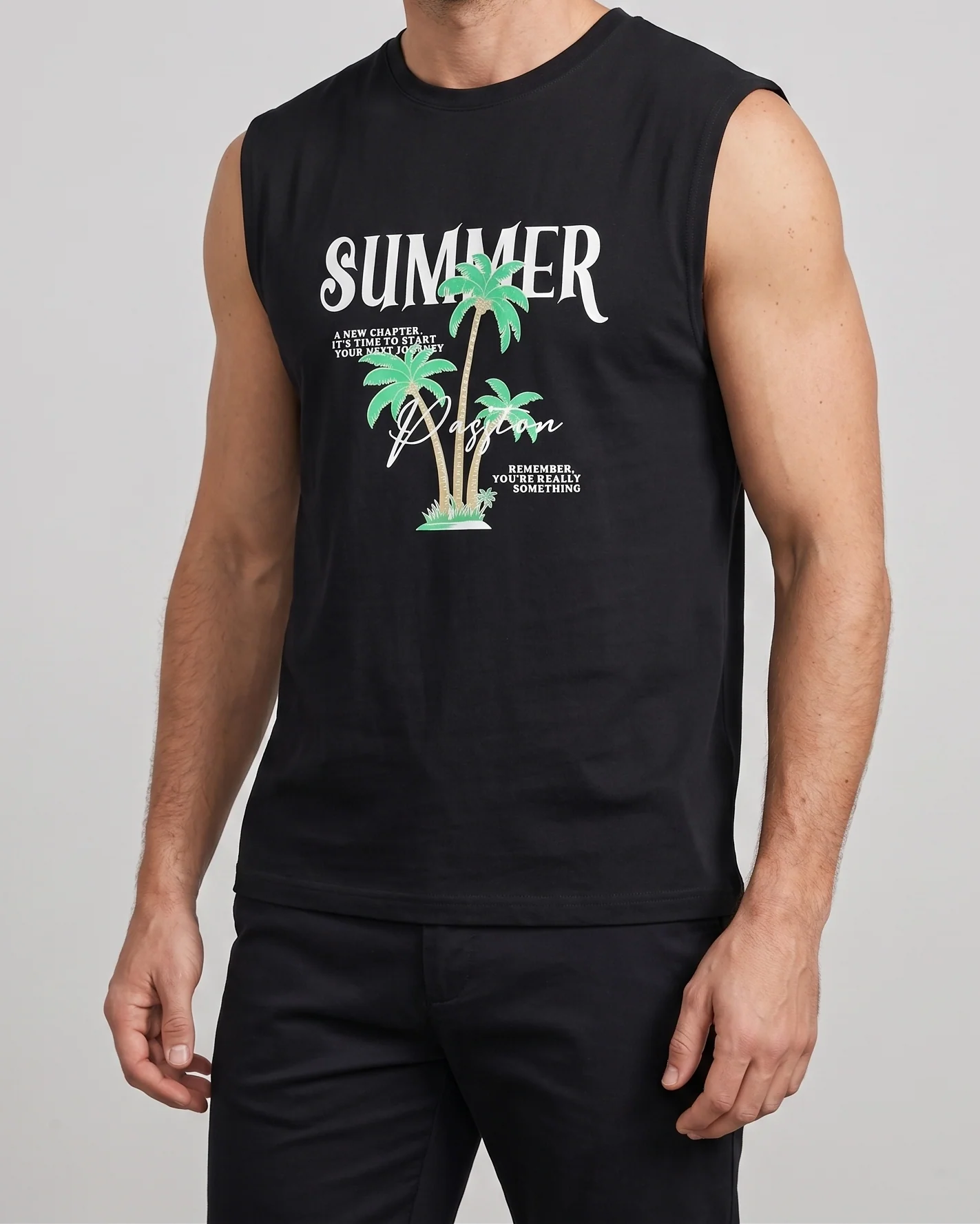 Men's Black Tropical Summer Sleeveless T-Shirt | TREE