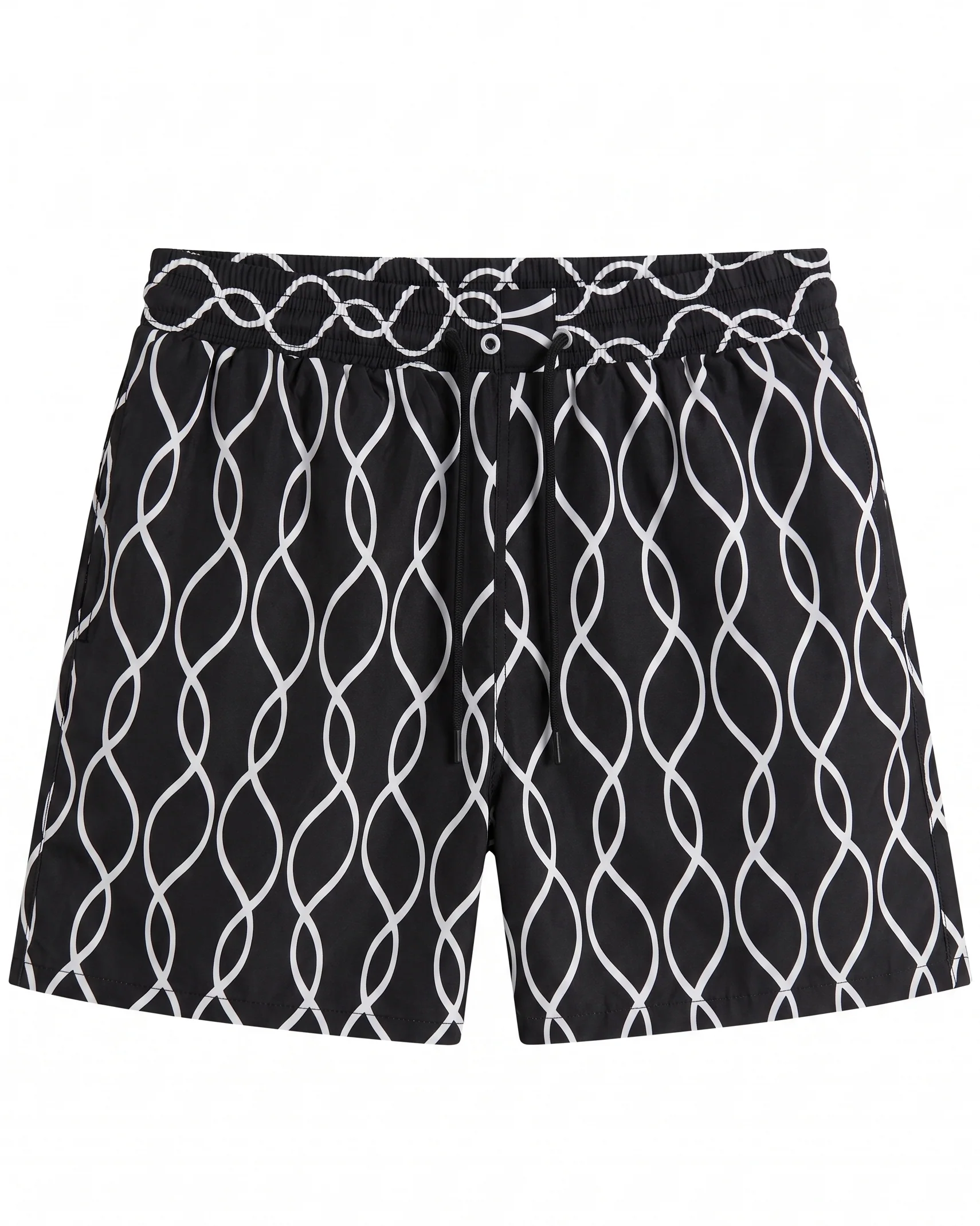 Men's Waterproof Swim Shorts - Black Wavy Print
