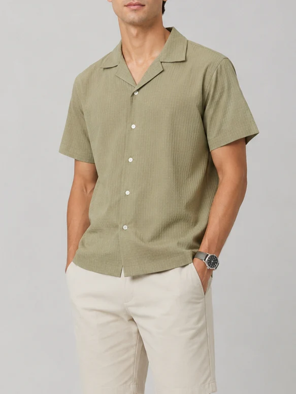 Men's Casual Short Sleeve Shirt with Buttons - Olive