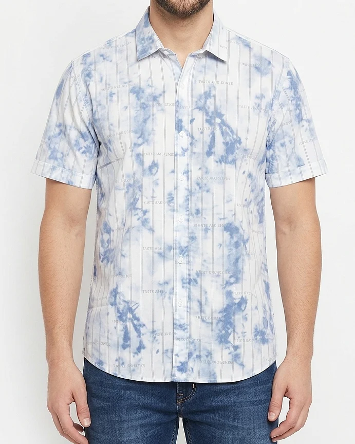 Men's casual short-sleeved printed shirt -Light Blue