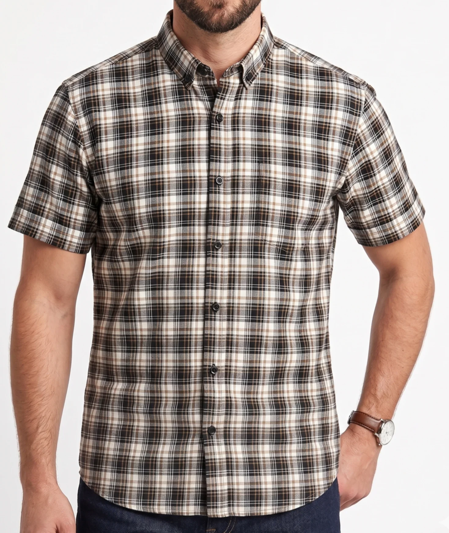 Men's short-sleeved plaid shirt-Black