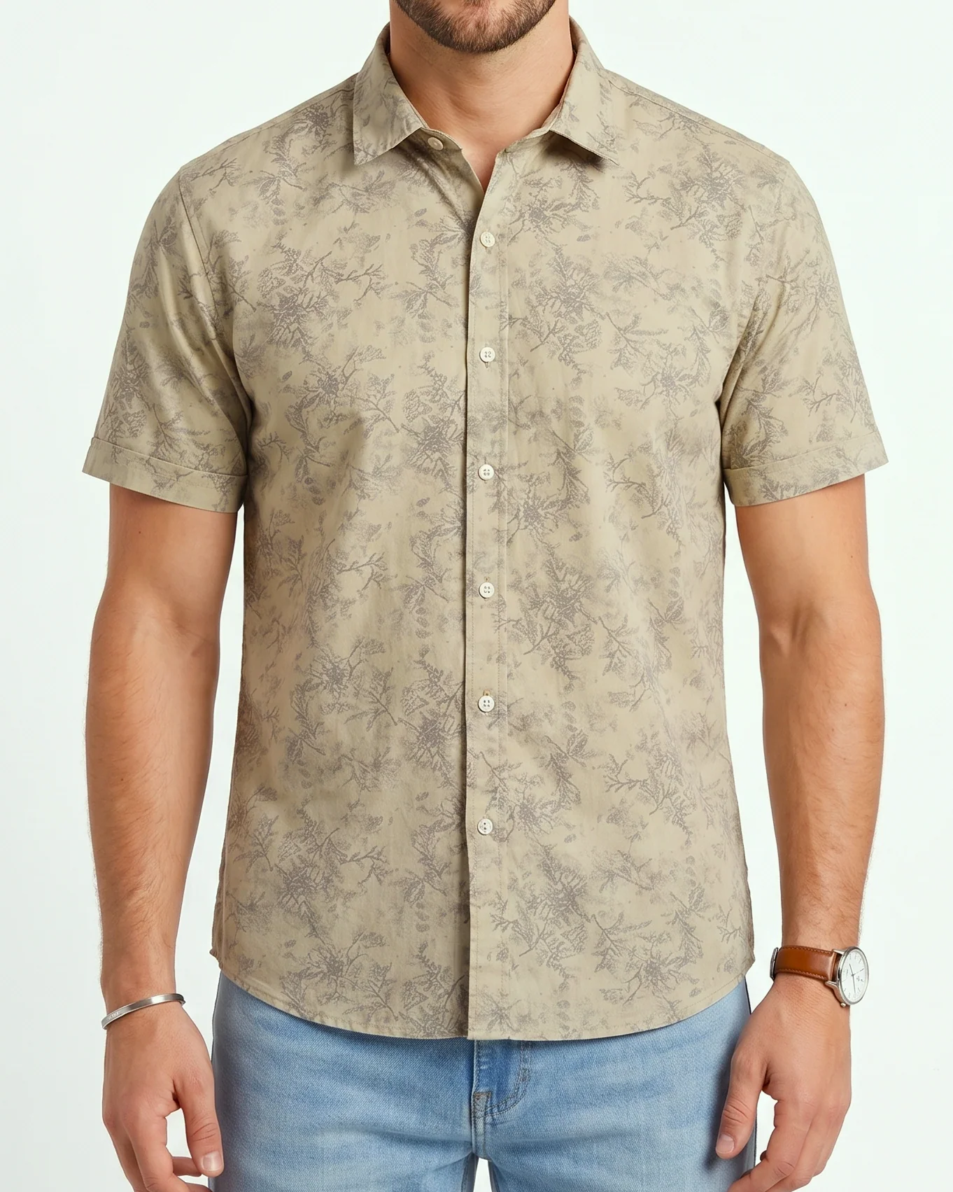 Men's casual short-sleeved printed shirt-Beige