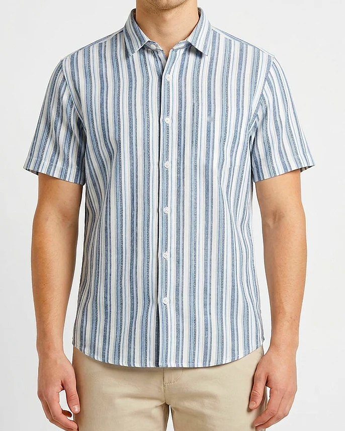 Men's Casual Striped Shirt – Short Sleeve -Light Blue