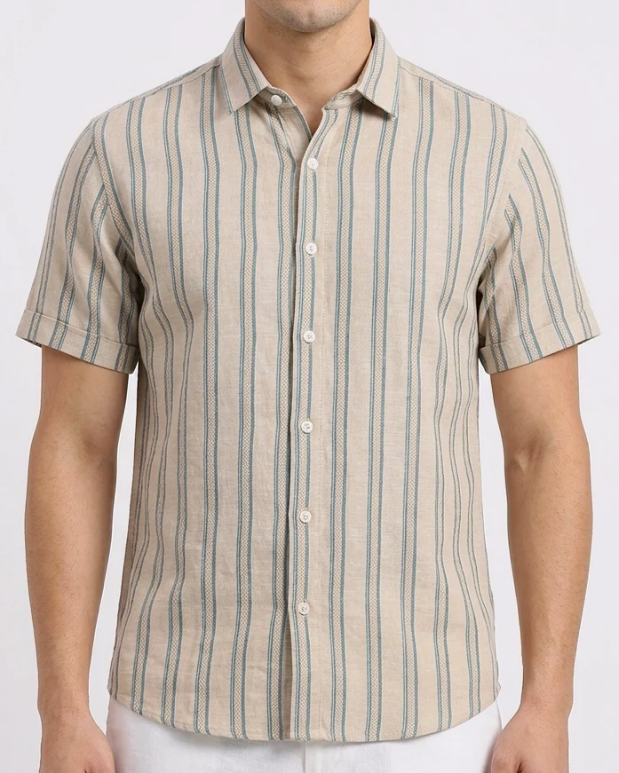 Men's Casual Striped Shirt – Short Sleeve -Beige