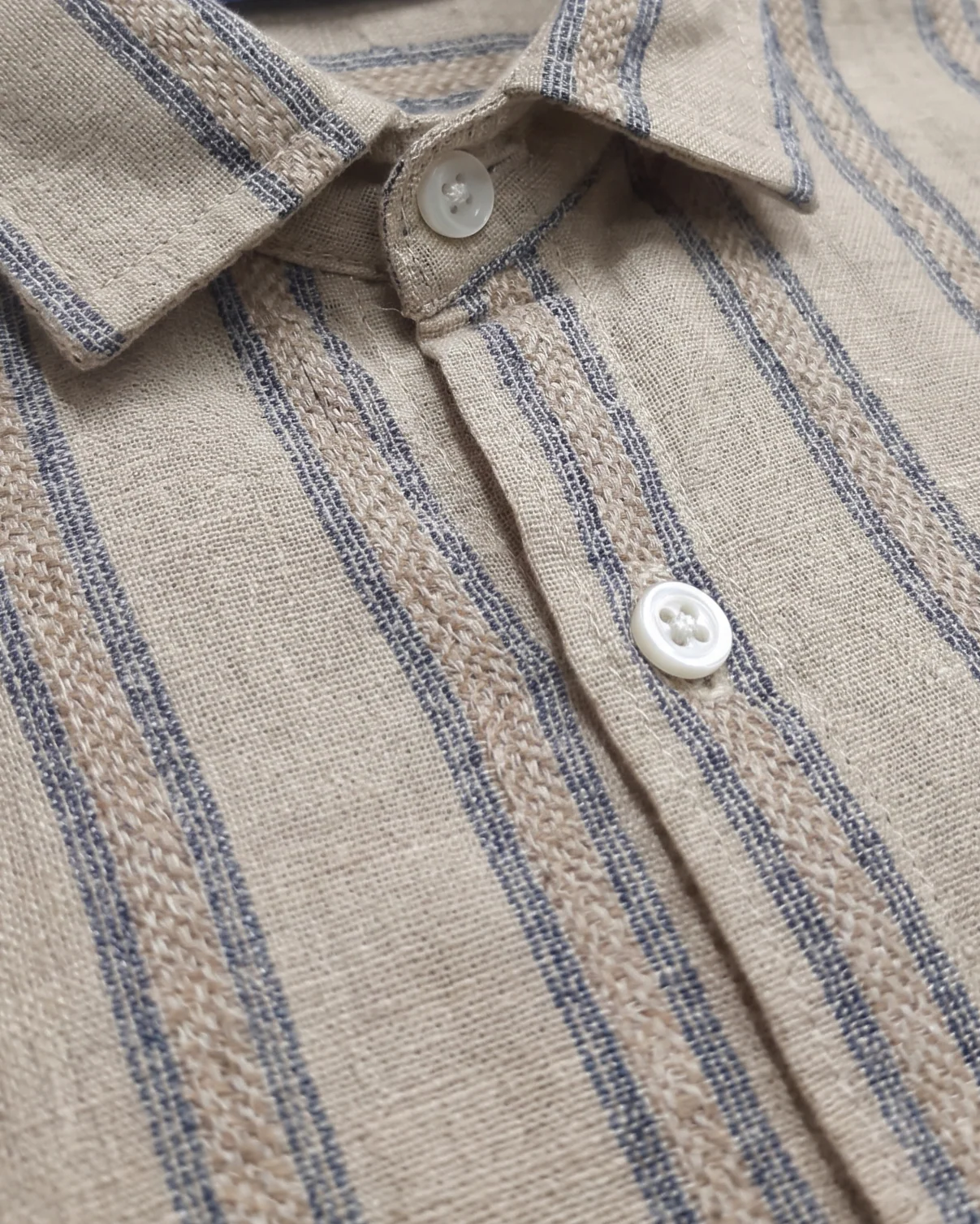 Men's Casual Striped Shirt – Short Sleeve -Beige - Image 2