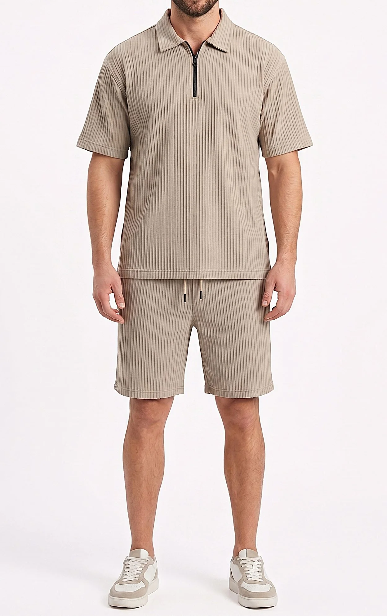 Men's Half-zip T-shirt-Beige - Image 2