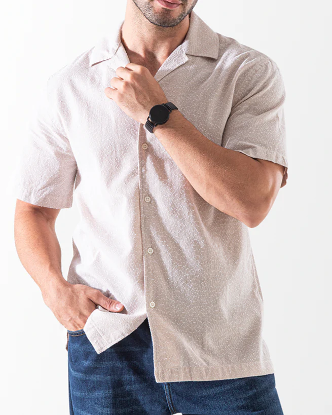 Men's Fashion Short Sleeve Linen Shirt - Beige