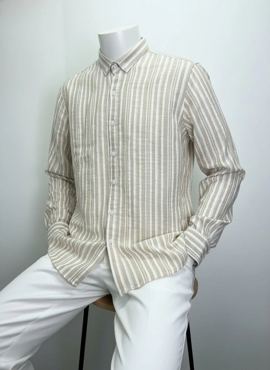 Men's striped shirt with long sleeves -beige
